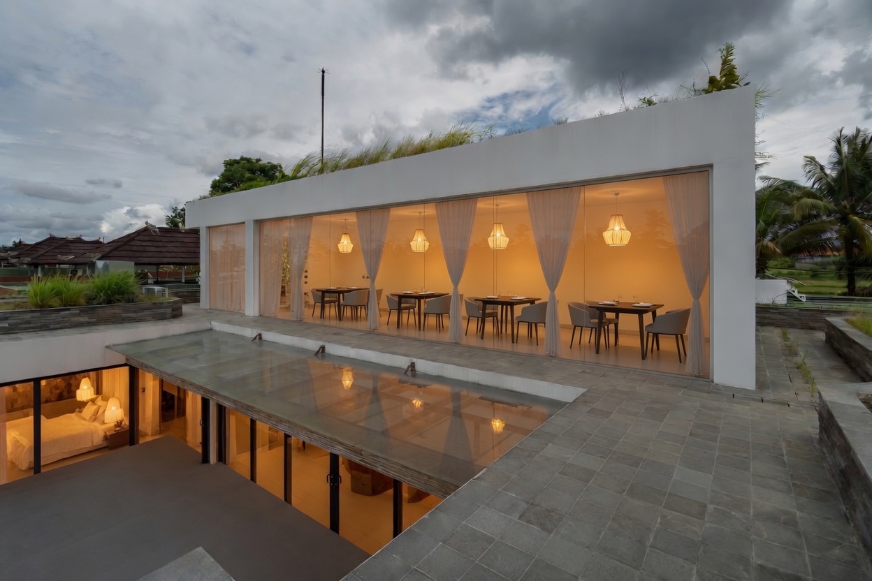 Restaurant pavilion — glass walls, white linen curtains, bar counter facing rice paddies