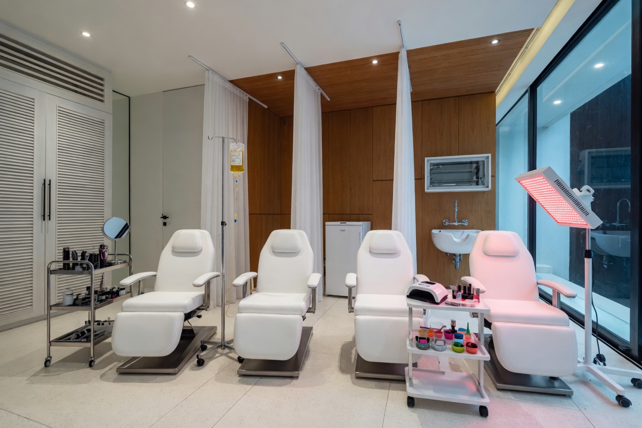 Universal chair zone — four medical-grade recliners with rolling carts