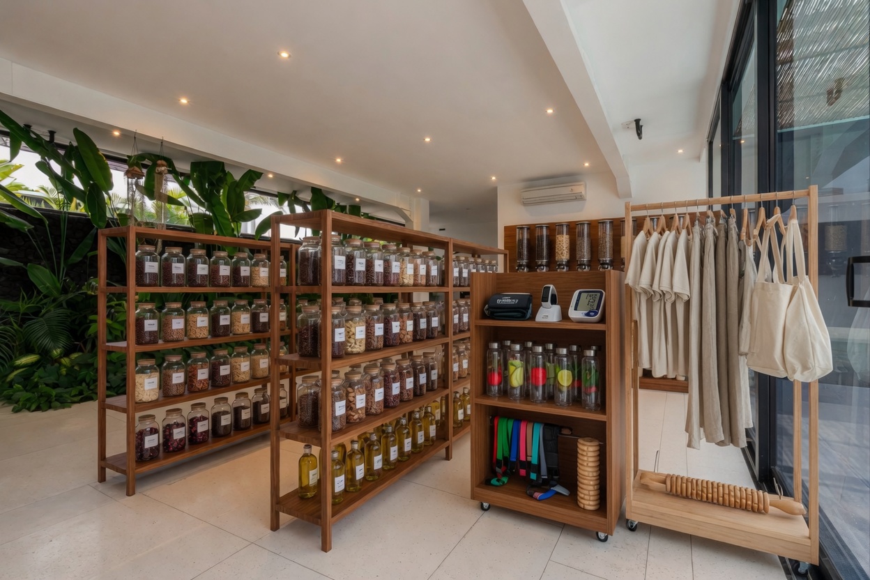 Curated market — wooden shelving and bulk dispensers in the centre of the room