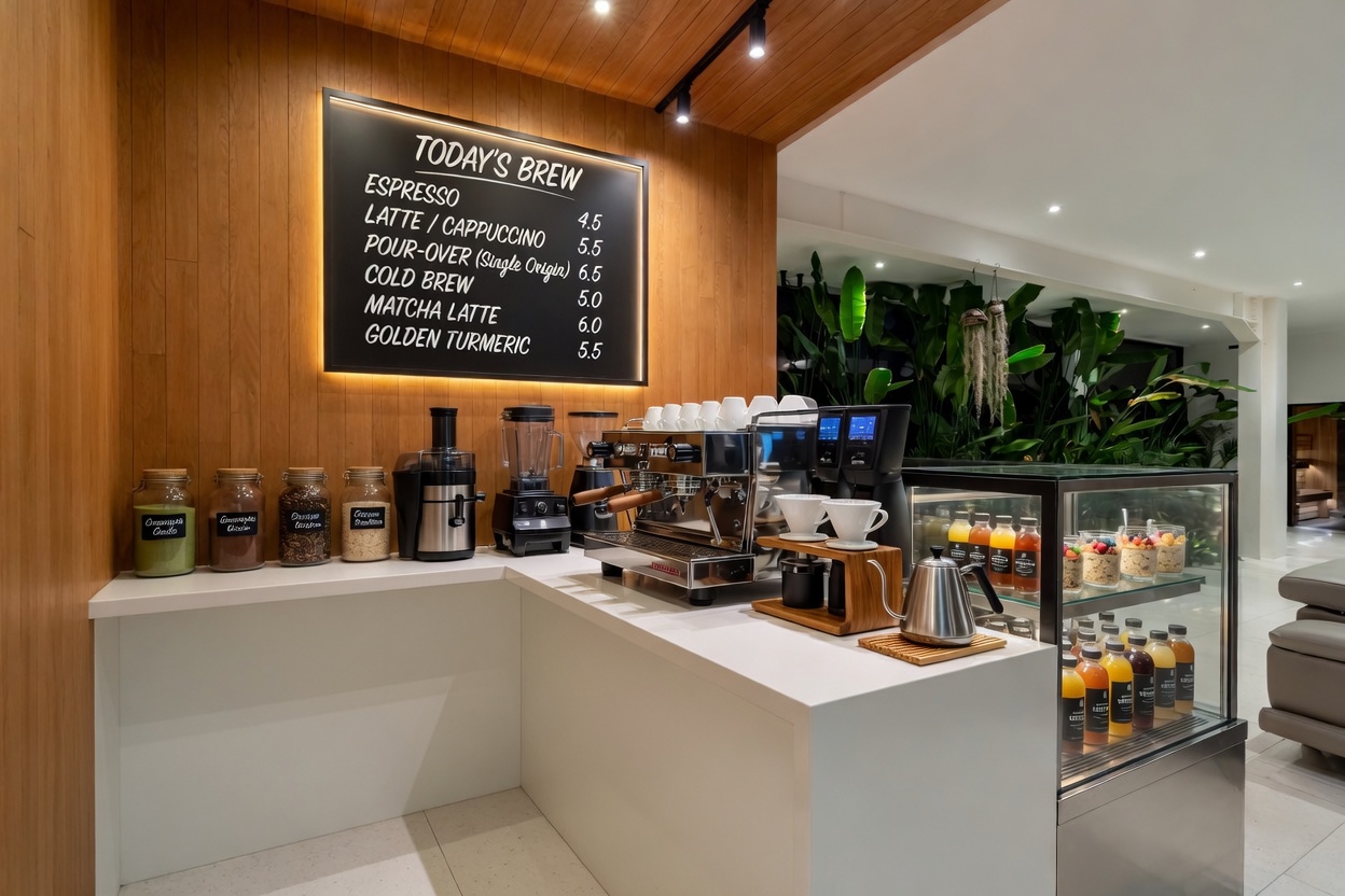 Coffee bar — espresso machine, brushed steel station, indoor plant wall