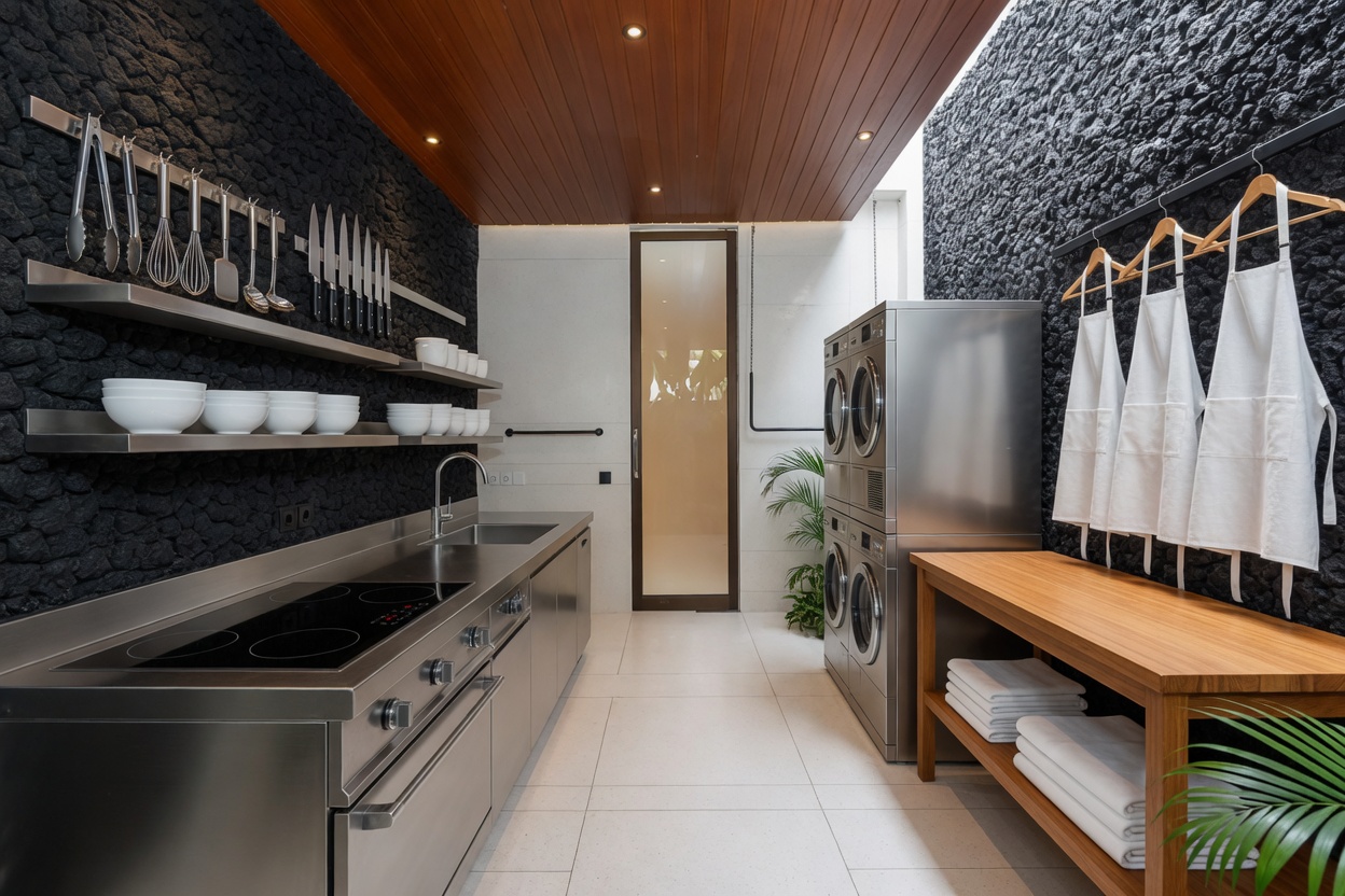 Service kitchen and laundry corner — stainless prep counter, Miele washer-dryer, lava stone wall