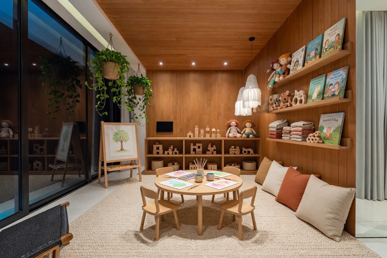 Kids zone — Montessori-inspired natural materials, low table, art workshop setup